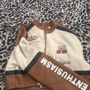 SHEIN Enthusiasm Brown and Cream Leather Jacket